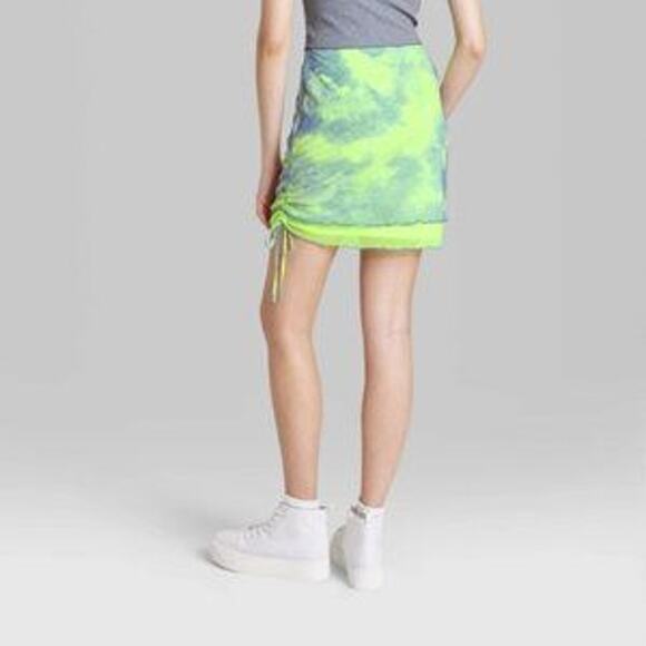 Wild Fable Ruched Side Mesh Green Tie Dye Mini Skirt NEW - Picture 2 of 5
